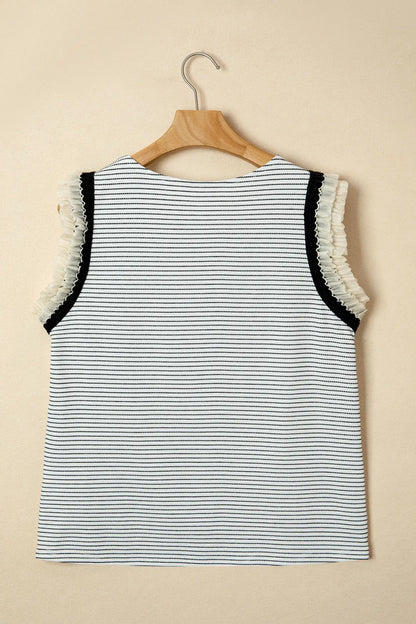 Black Stripe Contrasted Ruffle Trim Casual Tank Top - Sweet Fashion Wholesale