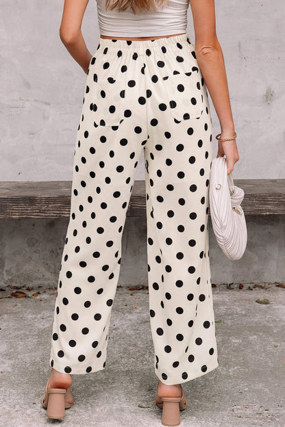 Sky Blue Polka Dot Print Patched Pocket Mid-rise Straight Leg Pants