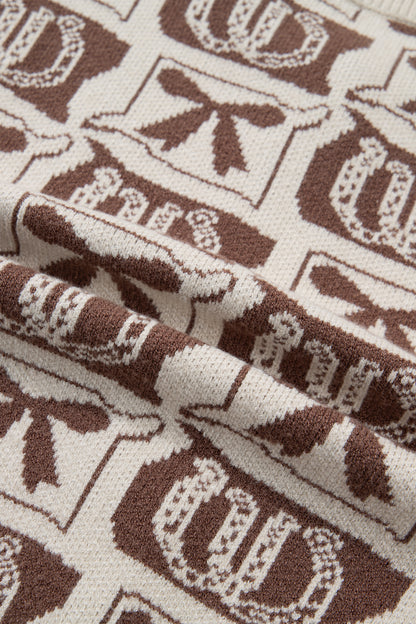 Brown Western Horseshoe Bow Pattern Button Front Sleeveless Knit Sweater