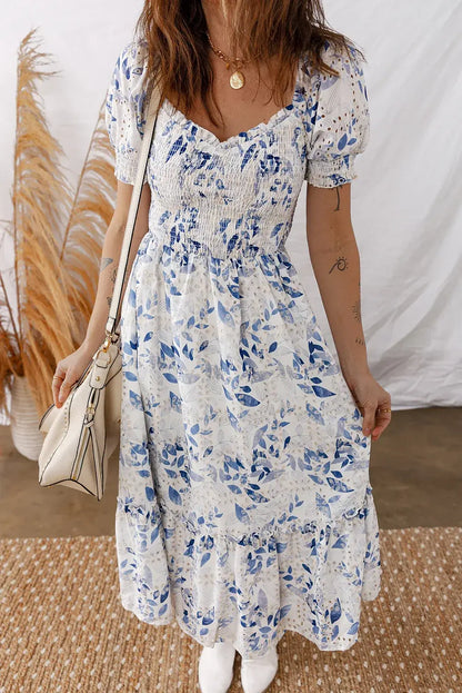 Sky Blue Smocked Bodice Short Puff Sleeve Tiered Floral Midi Dress - Sweet Fashion Wholesale