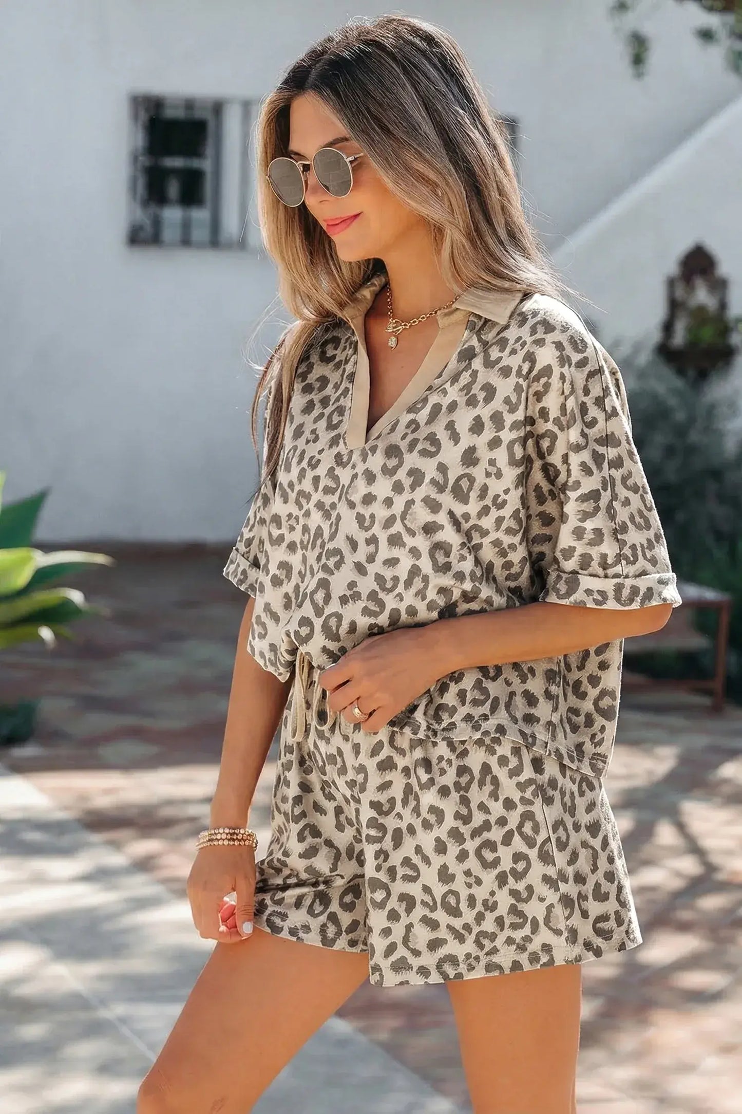 Khaki V Neck Collar Leopard Printed 2pcs Short Set - Sweet Fashion Wholesale