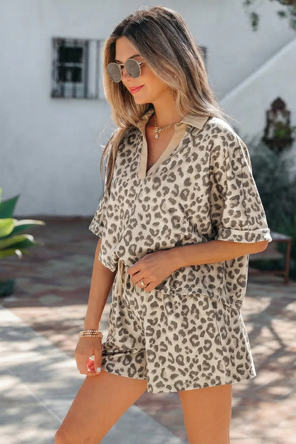Khaki V Neck Collar Leopard Printed 2pcs Short Set - Sweet Fashion Wholesale
