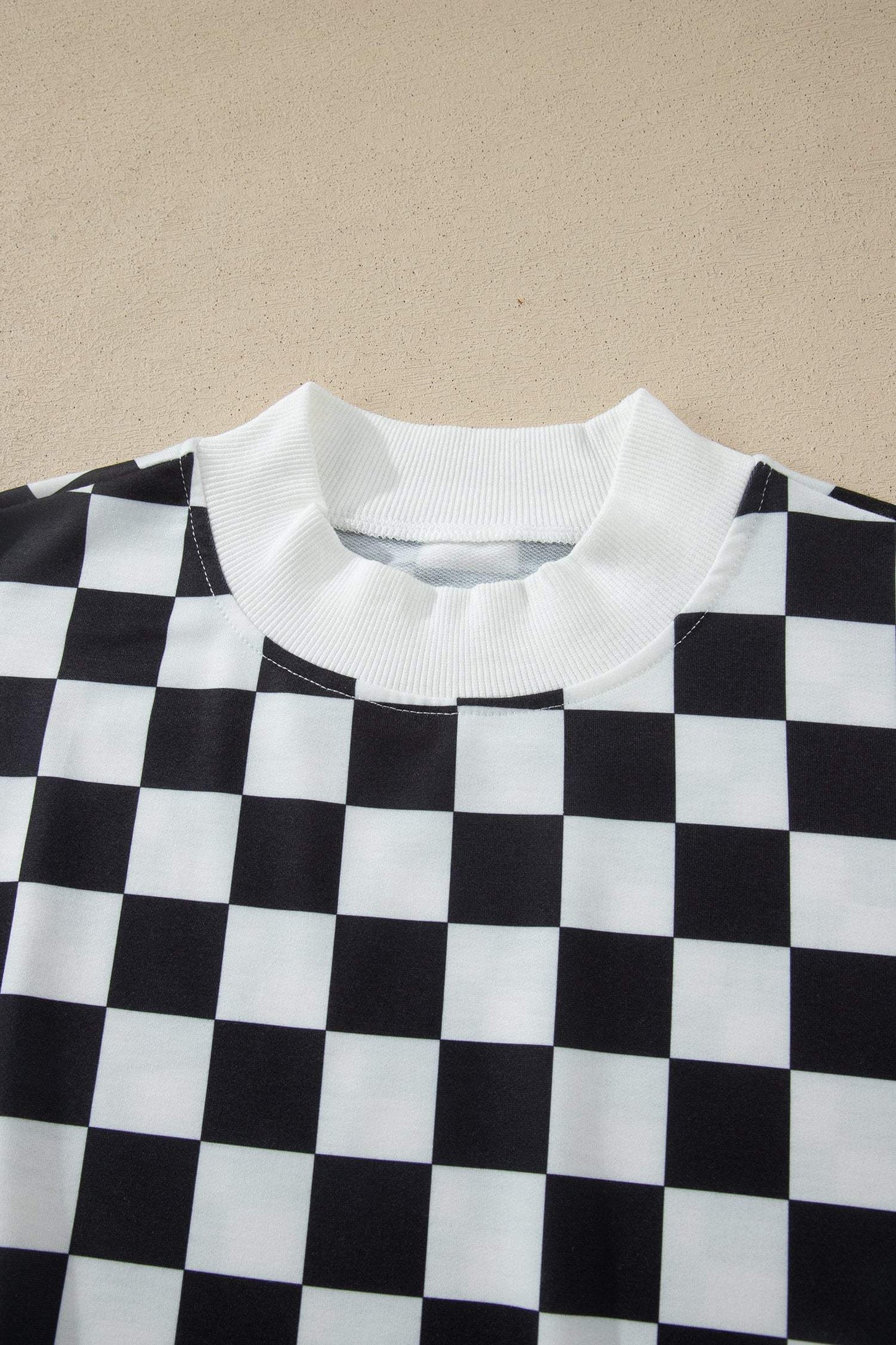 Black Checkered Print Color Block Trim Mock Neck Short Set