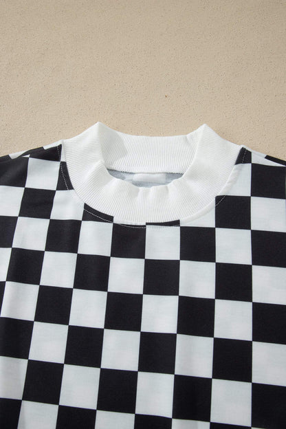 Black Checkered Print Color Block Trim Mock Neck Short Set