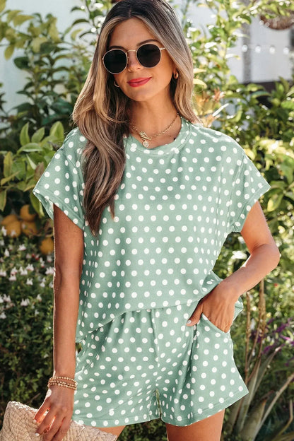 Green Polka Dot Print Short Set - Sweet Fashion Wholesale