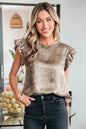 Gold Metallic Round Neck Ruffle Trim Sleeveless Top - Sweet Fashion Wholesale