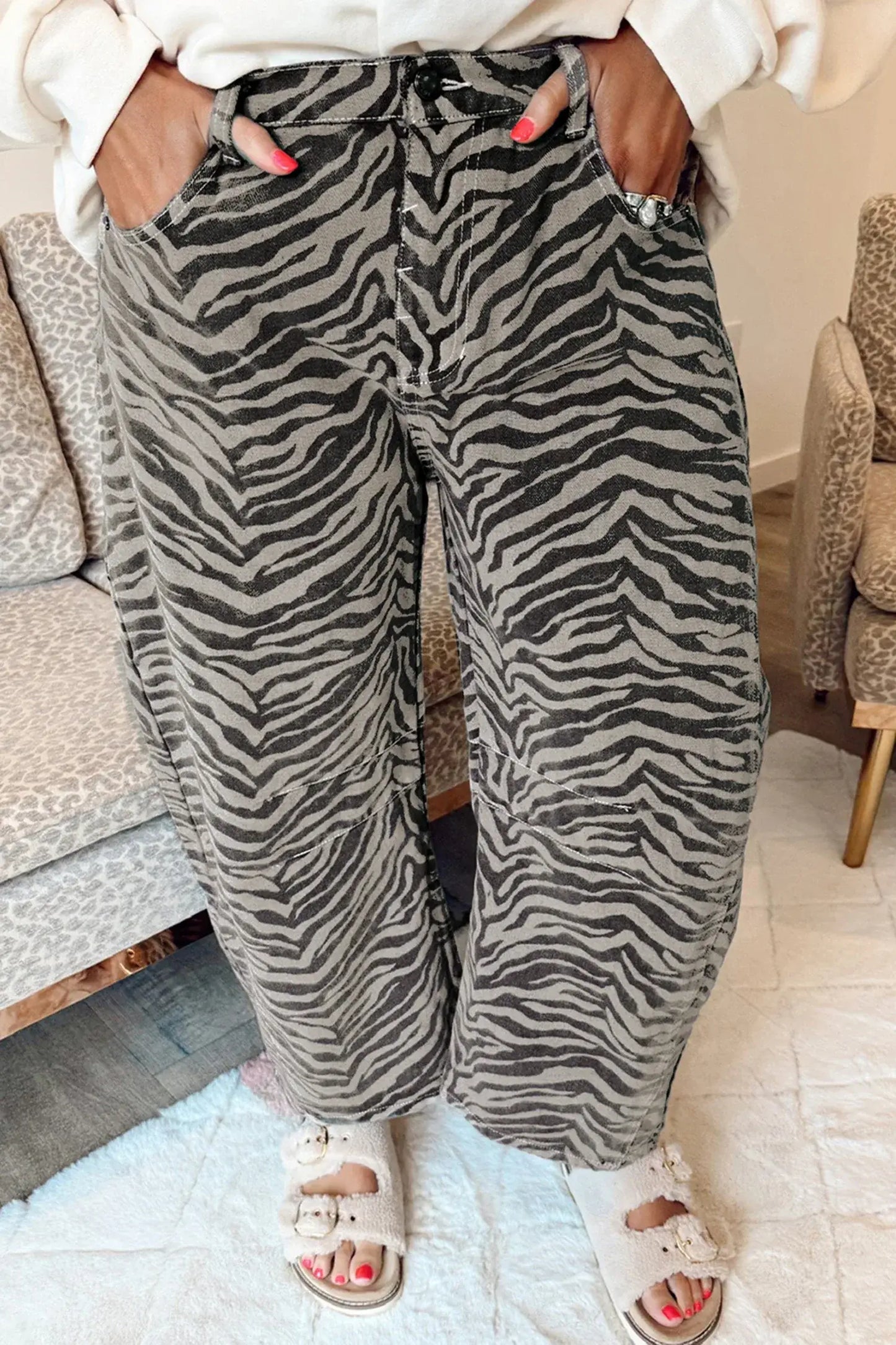 Gray Zebra Stripe Printed Wide Leg Barrel Jeans - Sweet Fashion Wholesale