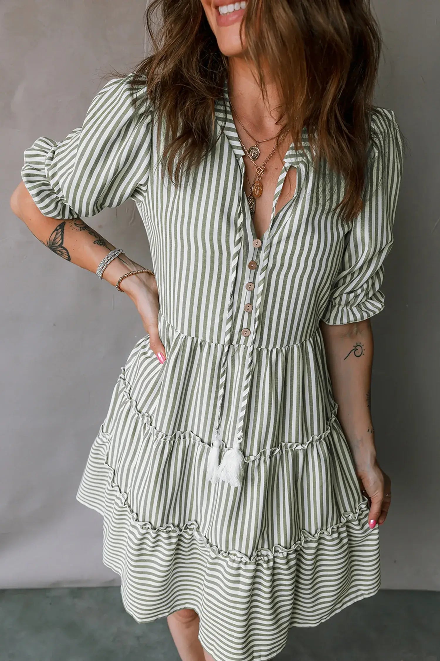 Green Stripe Tasseled Tie Neck Ruffled Short Sleeve Tiered Flattering Dress - Sweet Fashion Wholesale