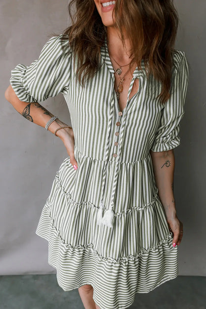 Green Stripe Tasseled Tie Neck Ruffled Short Sleeve Tiered Flattering Dress - Sweet Fashion Wholesale