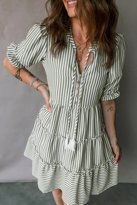 Green Stripe Tasseled Tie Neck Ruffled Short Sleeve Tiered Flattering Dress - Sweet Fashion Wholesale