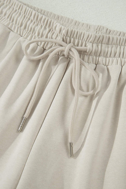 Smoke Gray Solid Color Puffy Loose Top Drawstring Shorts 2pcs Outfit