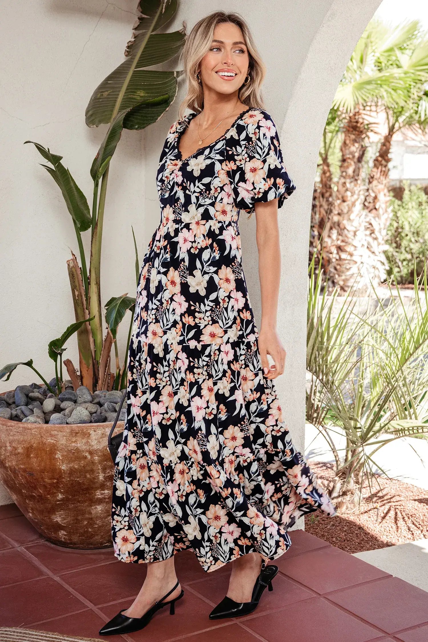 Blue Short Sleeve Smocked Detail High Waist Floral Maxi Dress - Sweet Fashion Wholesale