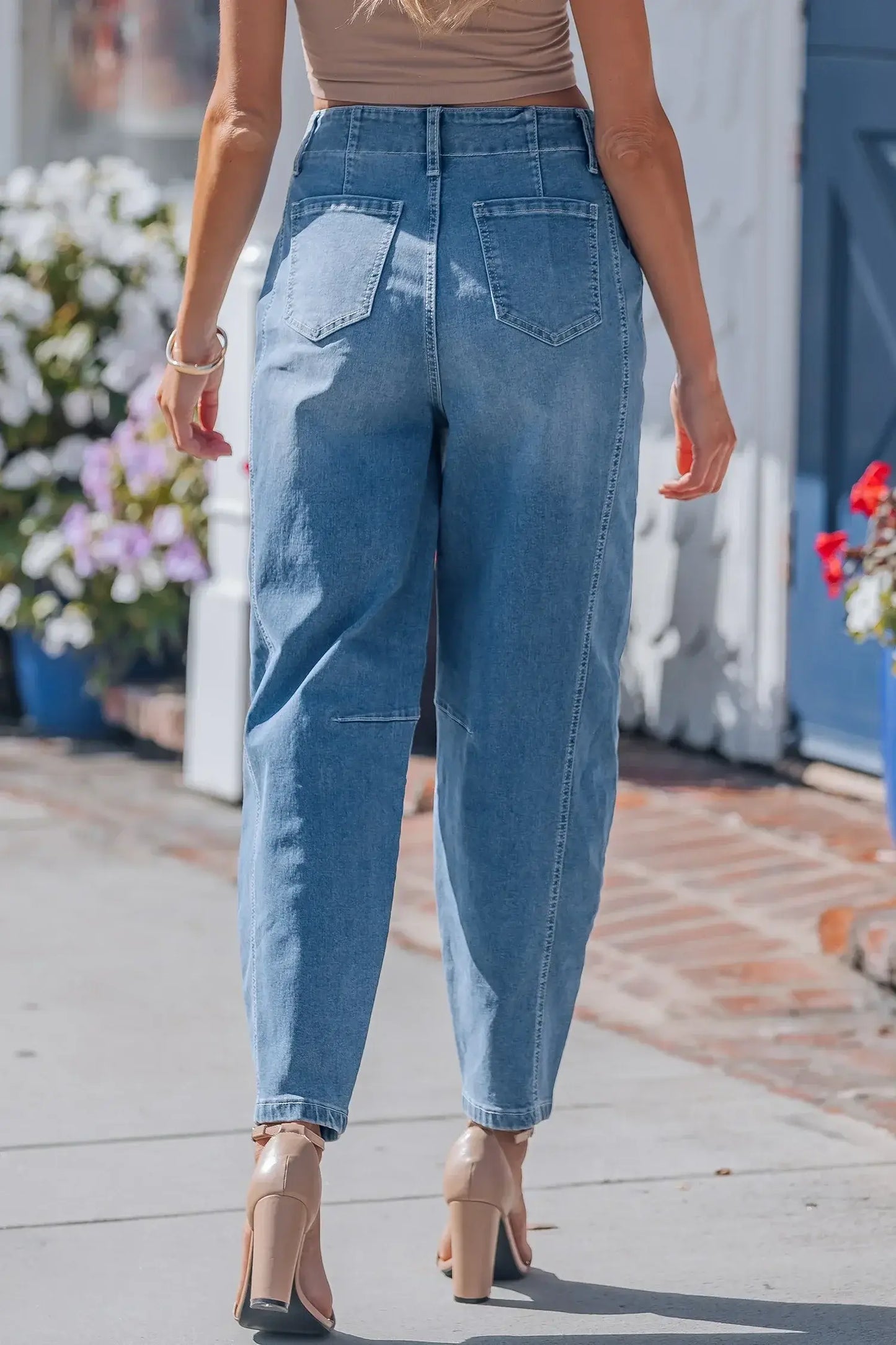 Sky Blue Medium Wash Cuffed Barrel Jeans - Sweet Fashion Wholesale