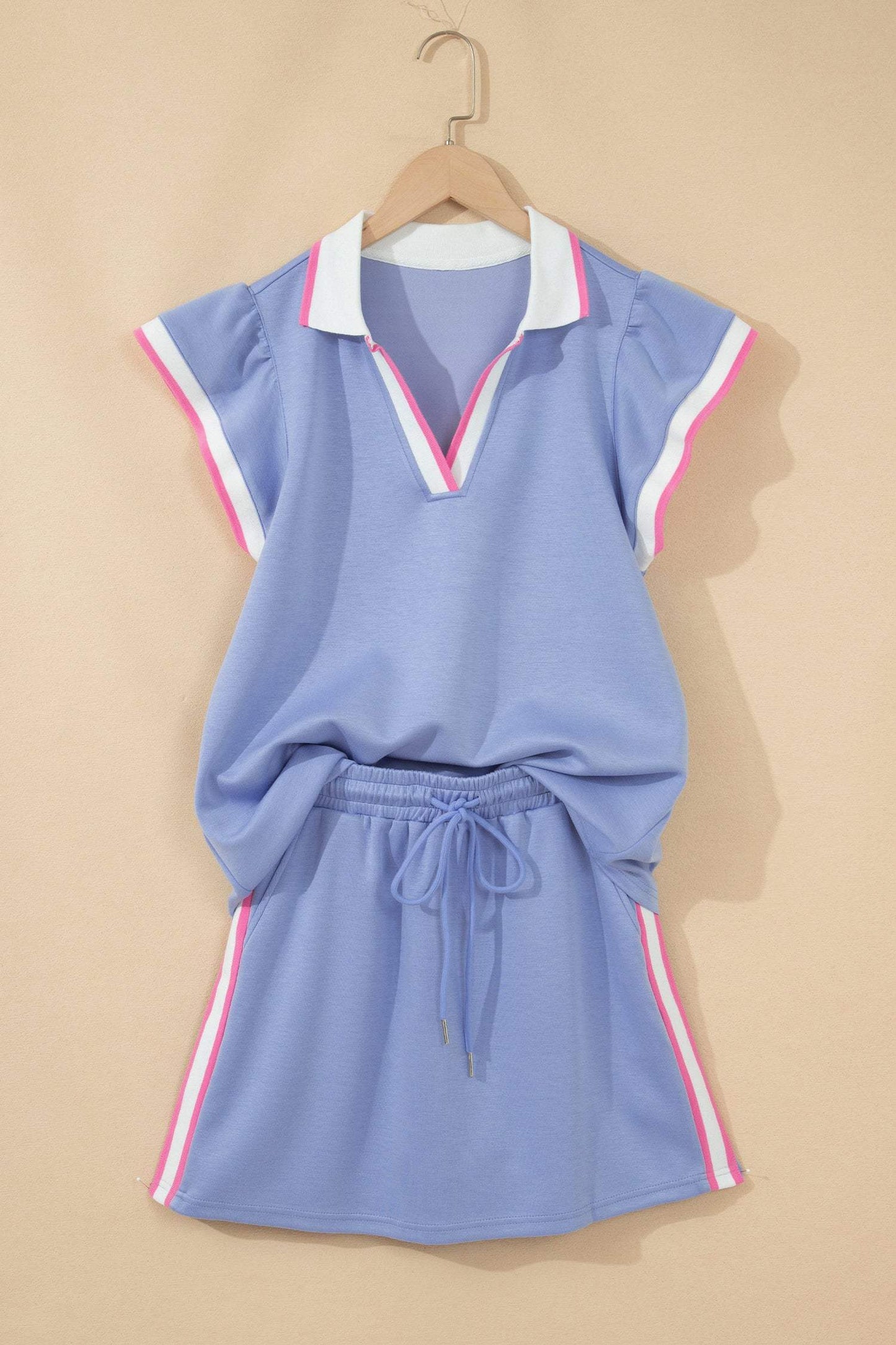 Sky Blue Preppy Striped Trim V Neck Polo Tee Drawstring Skirt Set