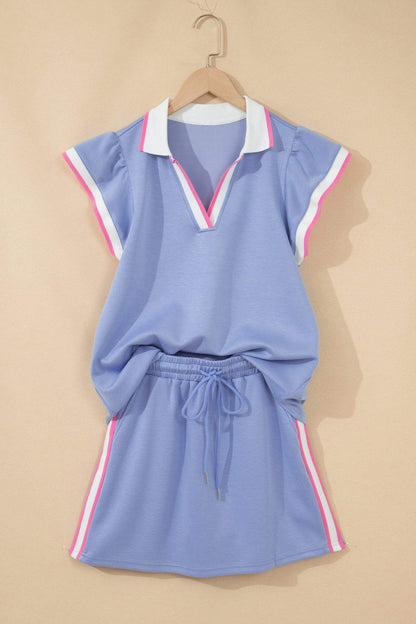 Sky Blue Preppy Striped Trim V Neck Polo Tee Drawstring Skirt Set