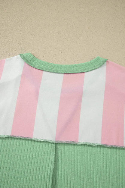 Green Stripe Exposed Seam Ribbed Patchwork Oversized Tee