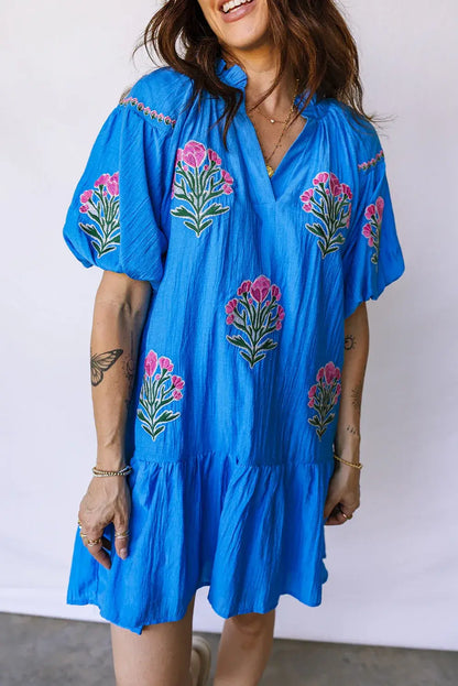 Blue Flower Embroidered Split Neck Short Puff Sleeve Ruffle Hem Dress