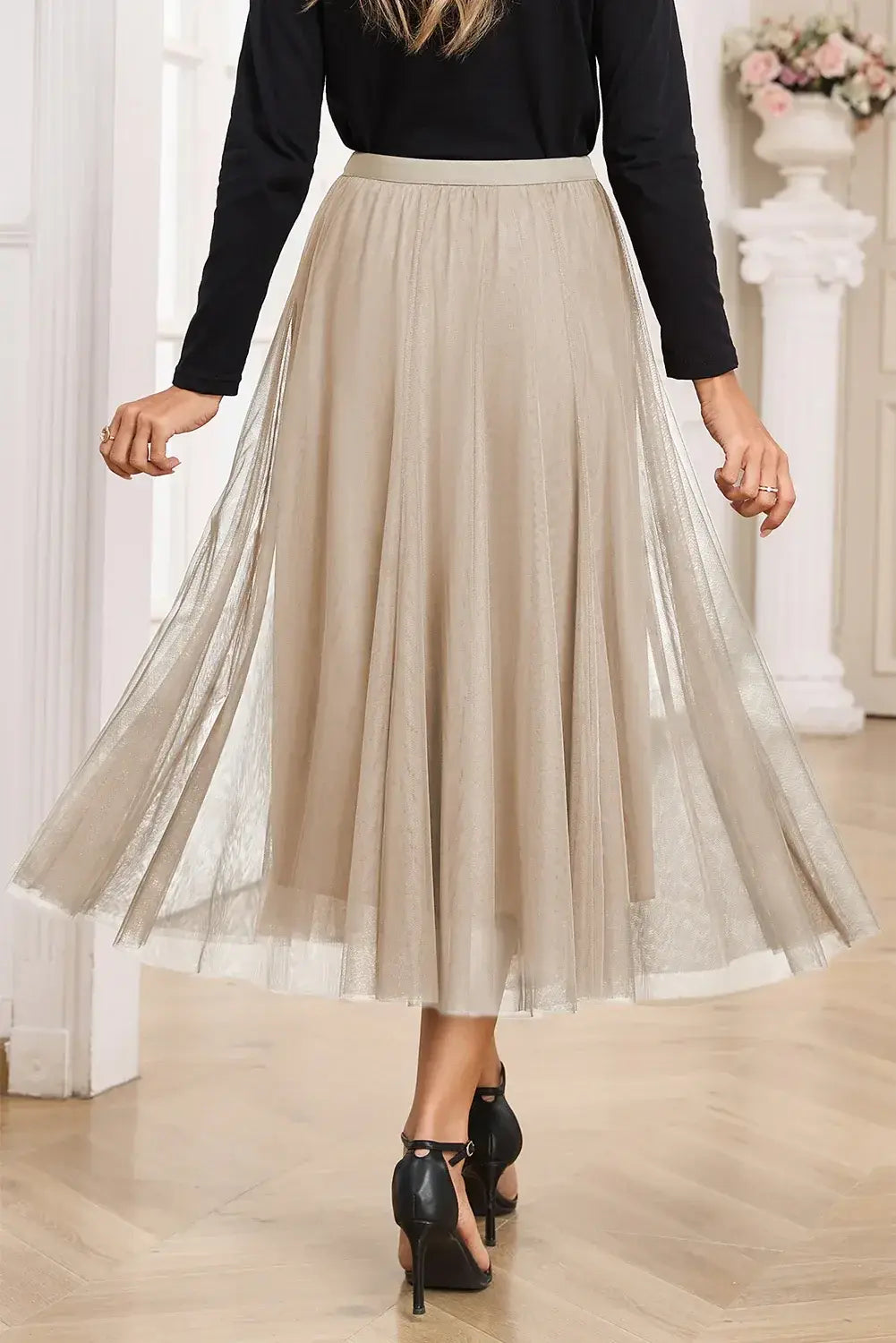 Apricot Tulle Mesh Overlay Flared Midi Skirt - Sweet Fashion Wholesale