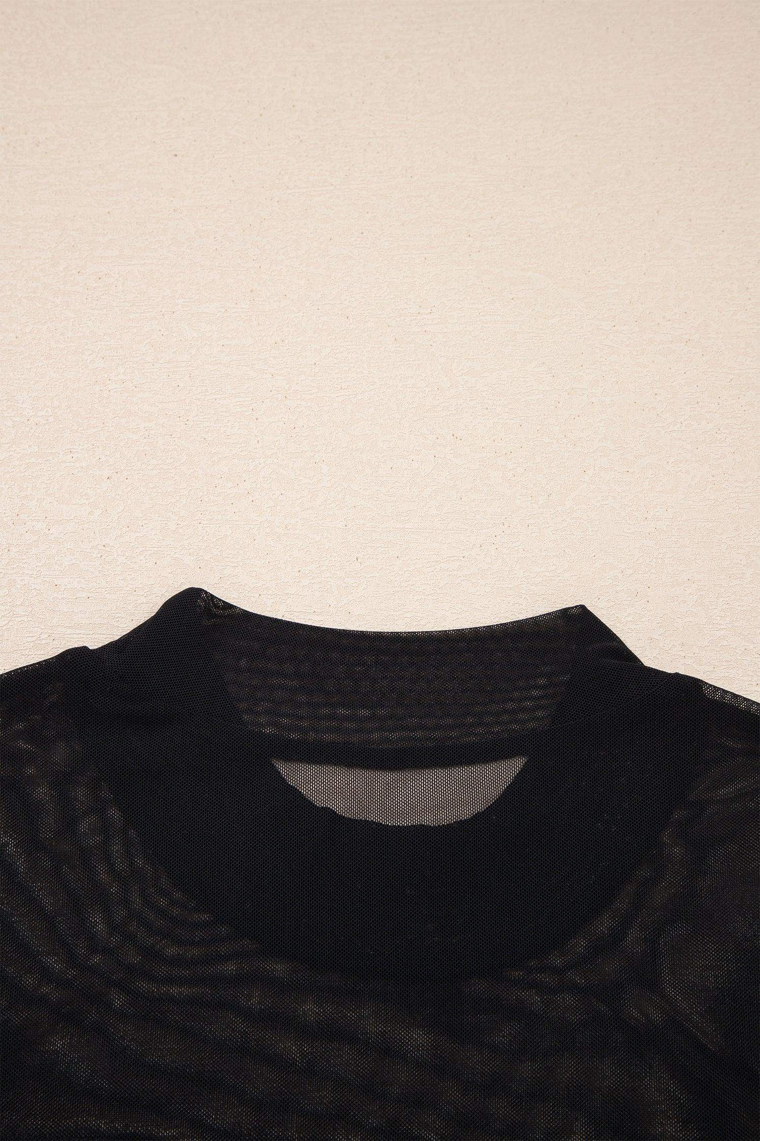 Black Sheer Mesh Patchwork Cap Sleeve T Shirt - Sweet Fashion Wholesale