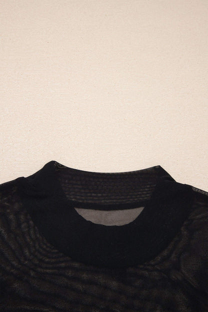 Black Sheer Mesh Patchwork Cap Sleeve T Shirt - Sweet Fashion Wholesale