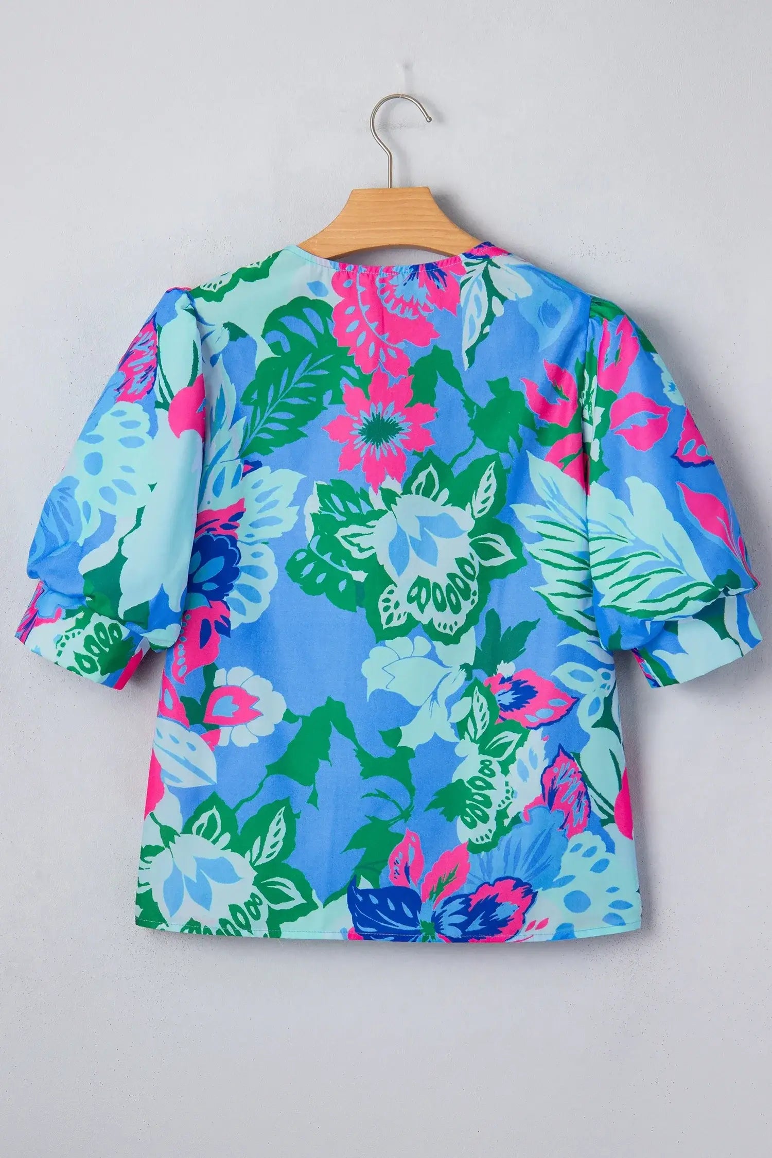 Sky Blue Floral Print V Neck Half Sleeve Blouse - Sweet Fashion Wholesale