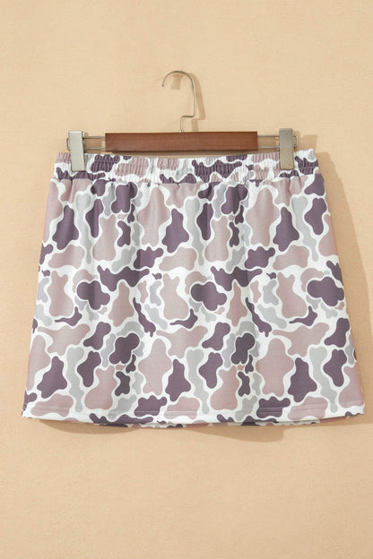 Khaki Abstract Camo Elastic Waist Drawstring Mini Skort