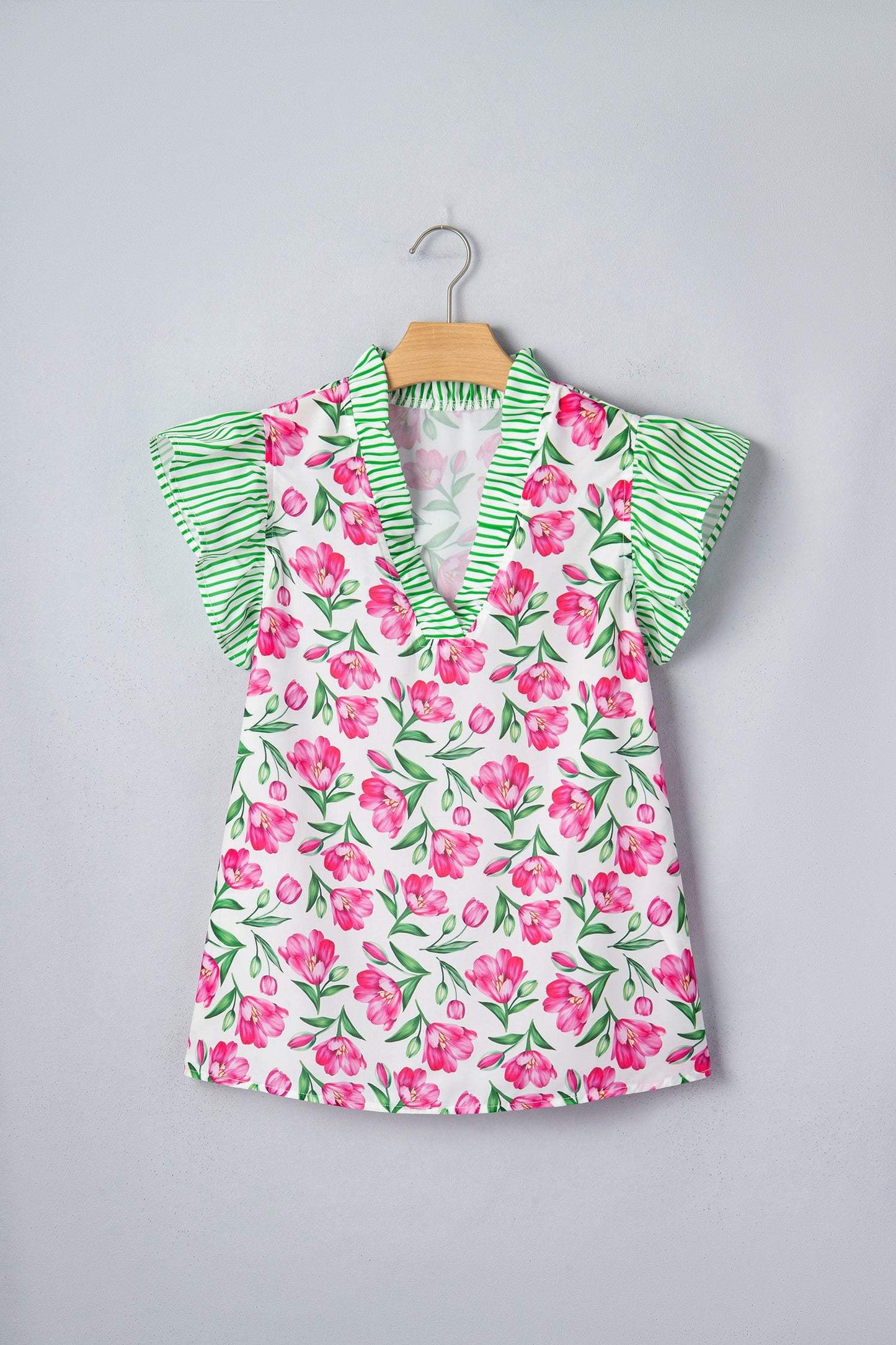 Multicolour Sweet Floral Print Striped Ruffle Trim V Neck Blouse