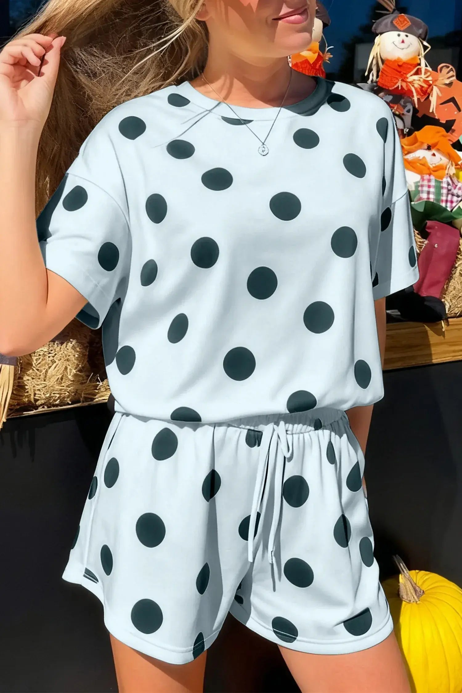 Pink Polka Dot Print Loose Tee Drawstring Elastic Waist Short Set - Sweet Fashion Wholesale
