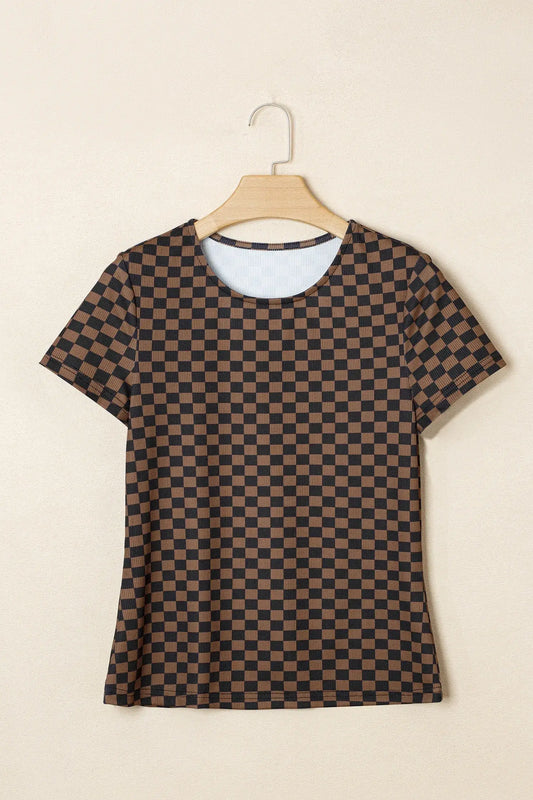 Black Checkerboard Round Neck Summer T Shirt - Sweet Fashion Wholesale
