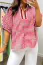 Green Plaid Short Sleeve Colorblock Trim Split Neck Blouse