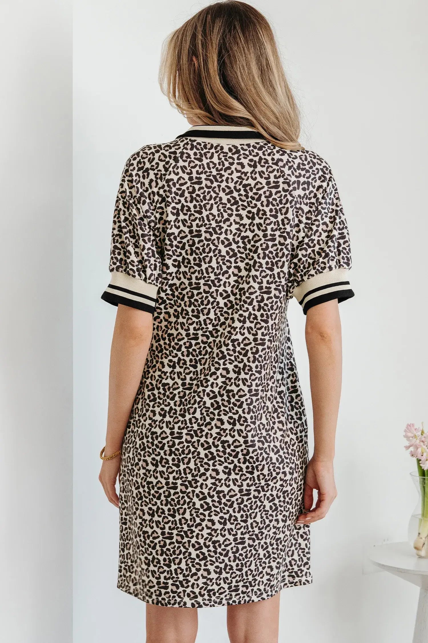 Khaki Leopard Print Zip Neck Striped Webbing Patchwork T Shirt Mini Dress - Sweet Fashion Wholesale