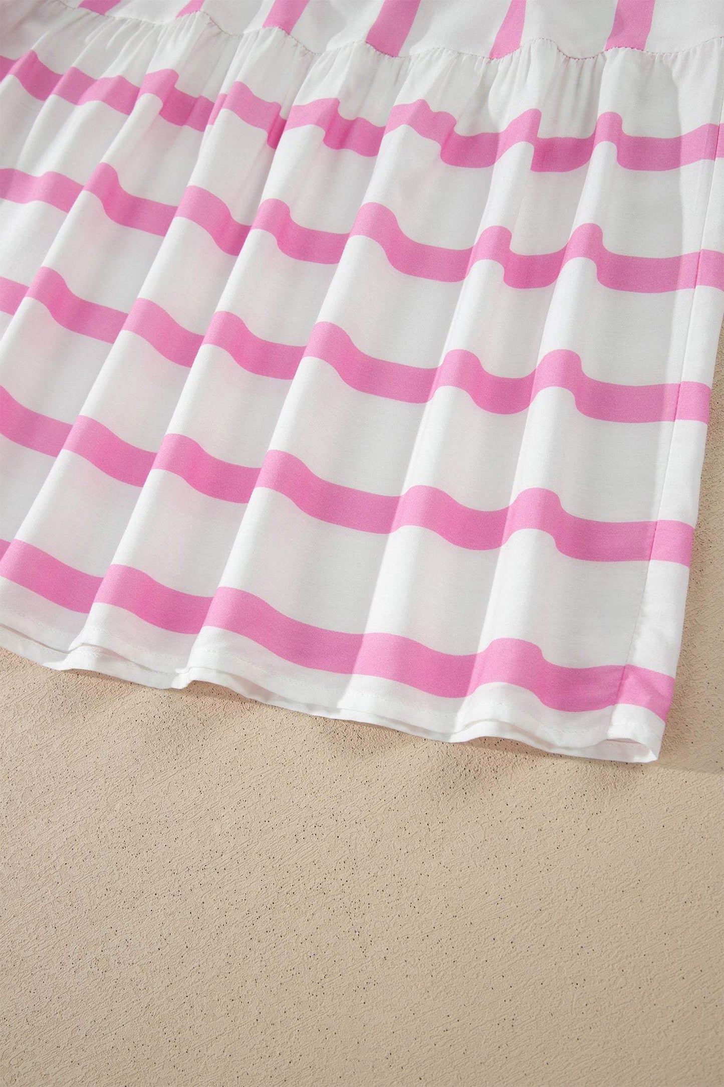 Pink Stripe Ricrac Trim Notched Neck Half Sleeve Vacation Dress