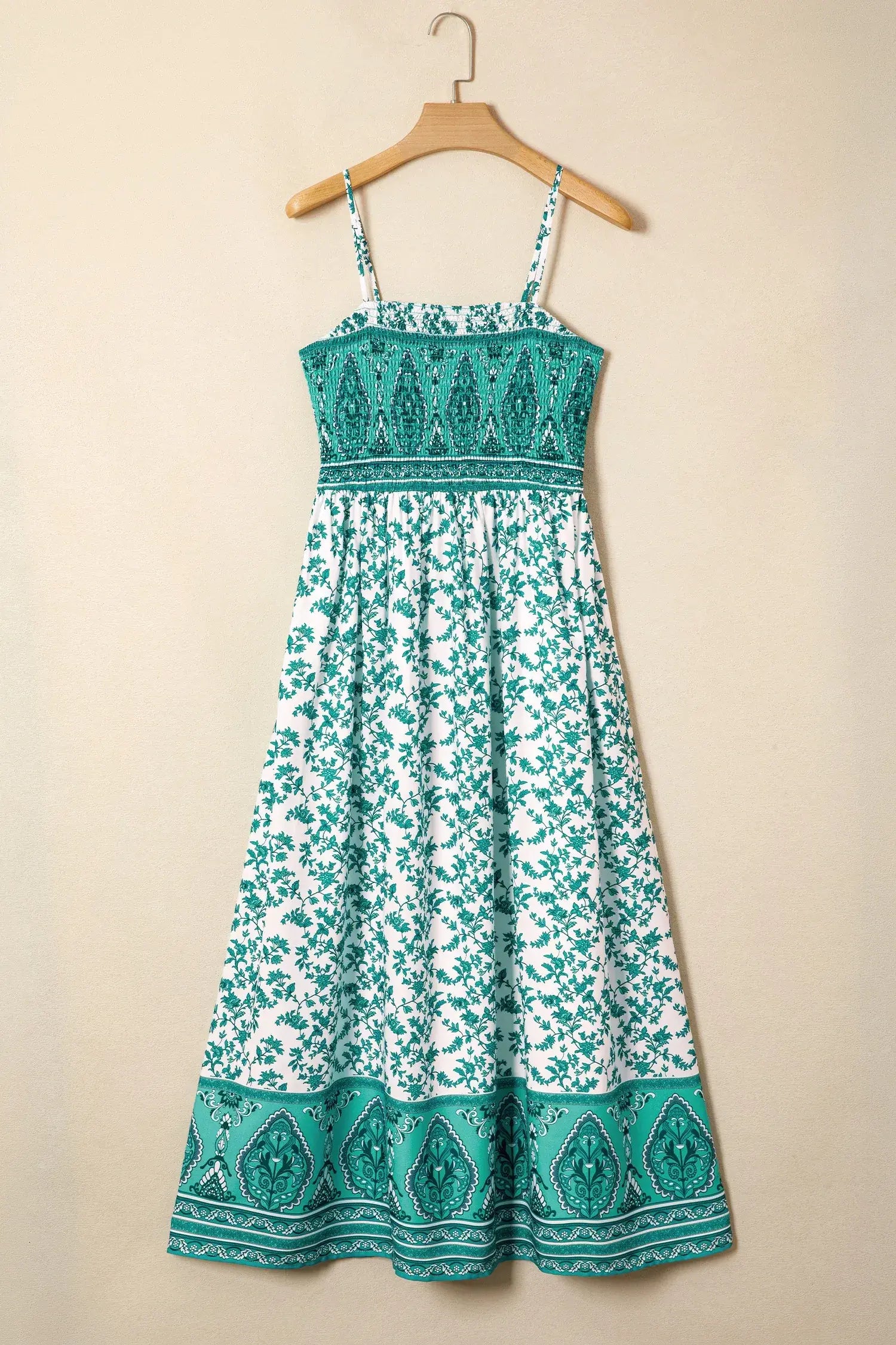 Green Boho Floral Print Shirred Cami Maxi Dress - Sweet Fashion Wholesale