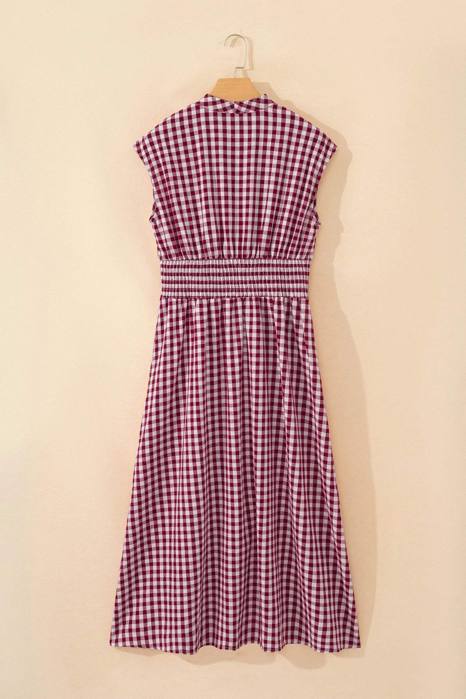 Red Plaid Print Full Zipper Cinched Waist Fit Flare Sleeveless Maxi Dress - Sweet Fashion Wholesale