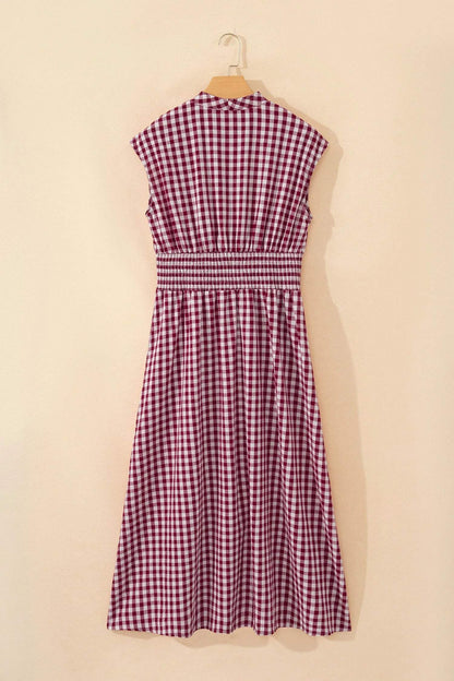 Red Plaid Print Full Zipper Cinched Waist Fit Flare Sleeveless Maxi Dress - Sweet Fashion Wholesale