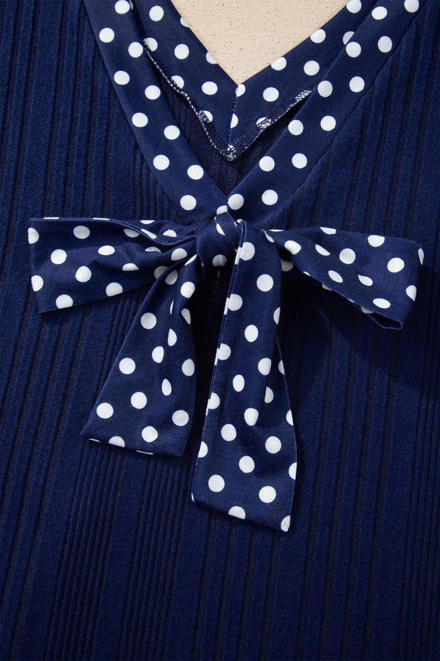 Dirty blue Polka Dot Trimmed V Neck Bow Tie Textured Ribbed Top - Sweet Fashion Wholesale