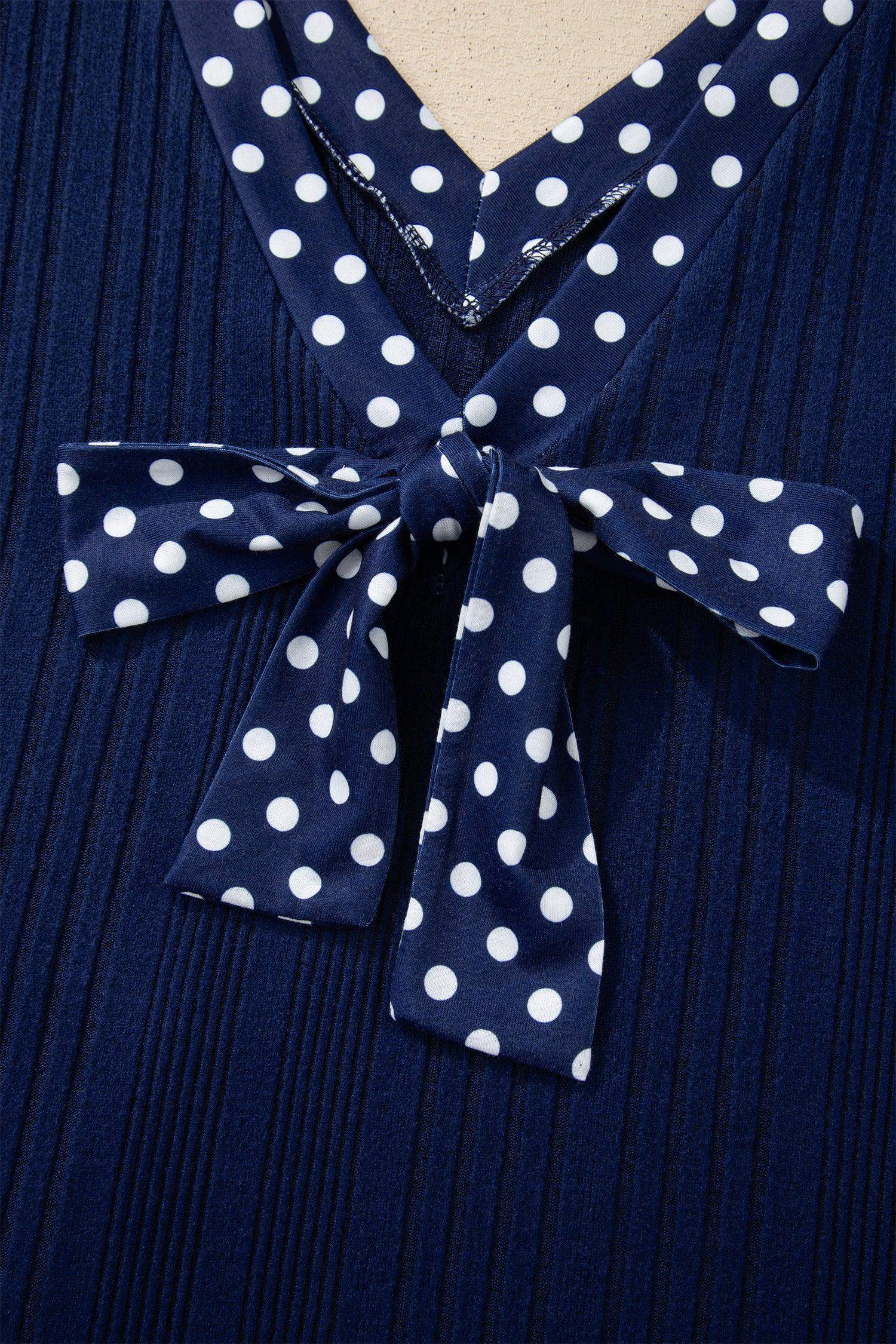 Dirty blue Polka Dot Trimmed V Neck Bow Tie Textured Ribbed Top - Sweet Fashion Wholesale