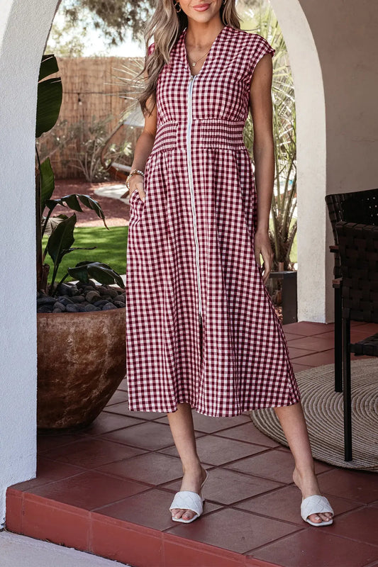 Red Plaid Print Full Zipper Cinched Waist Fit Flare Sleeveless Maxi Dress - Sweet Fashion Wholesale