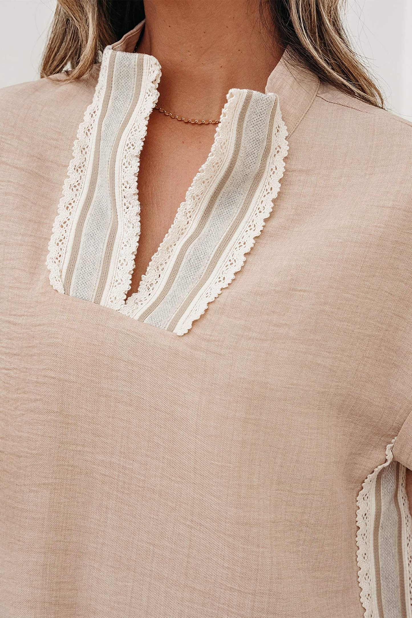 Parchment Crochet Lace Accent Pullover Rolled Short Sleeve Blouse