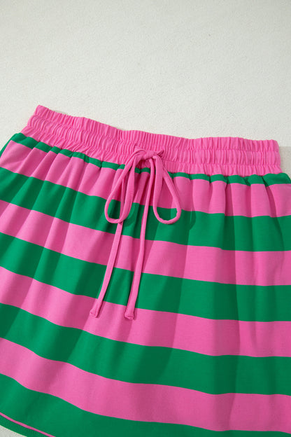 Rose Stripe Dolman Tee Drawstring Skort Athletic 2pcs Set