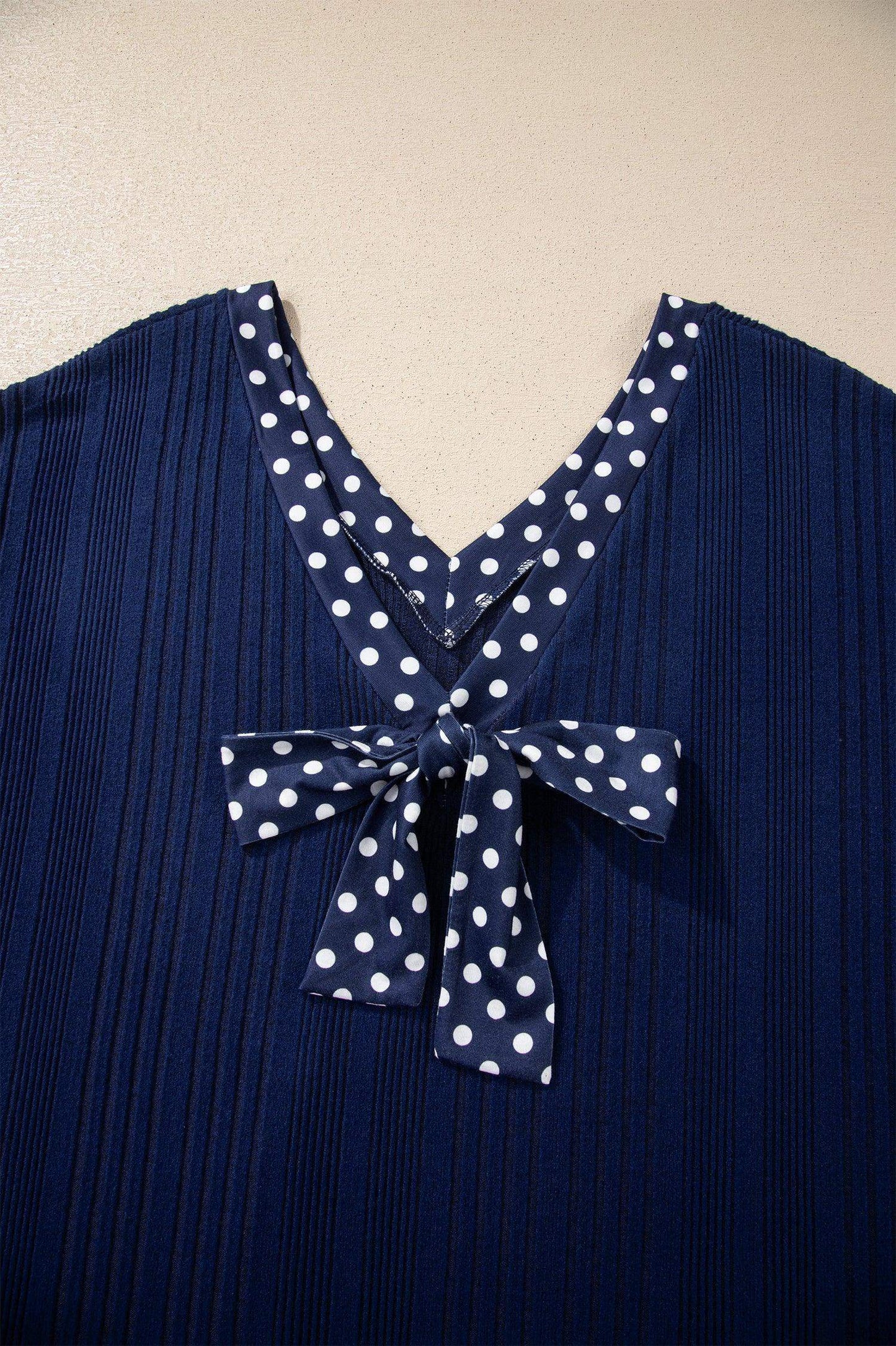 Dirty blue Polka Dot Trimmed V Neck Bow Tie Textured Ribbed Top - Sweet Fashion Wholesale