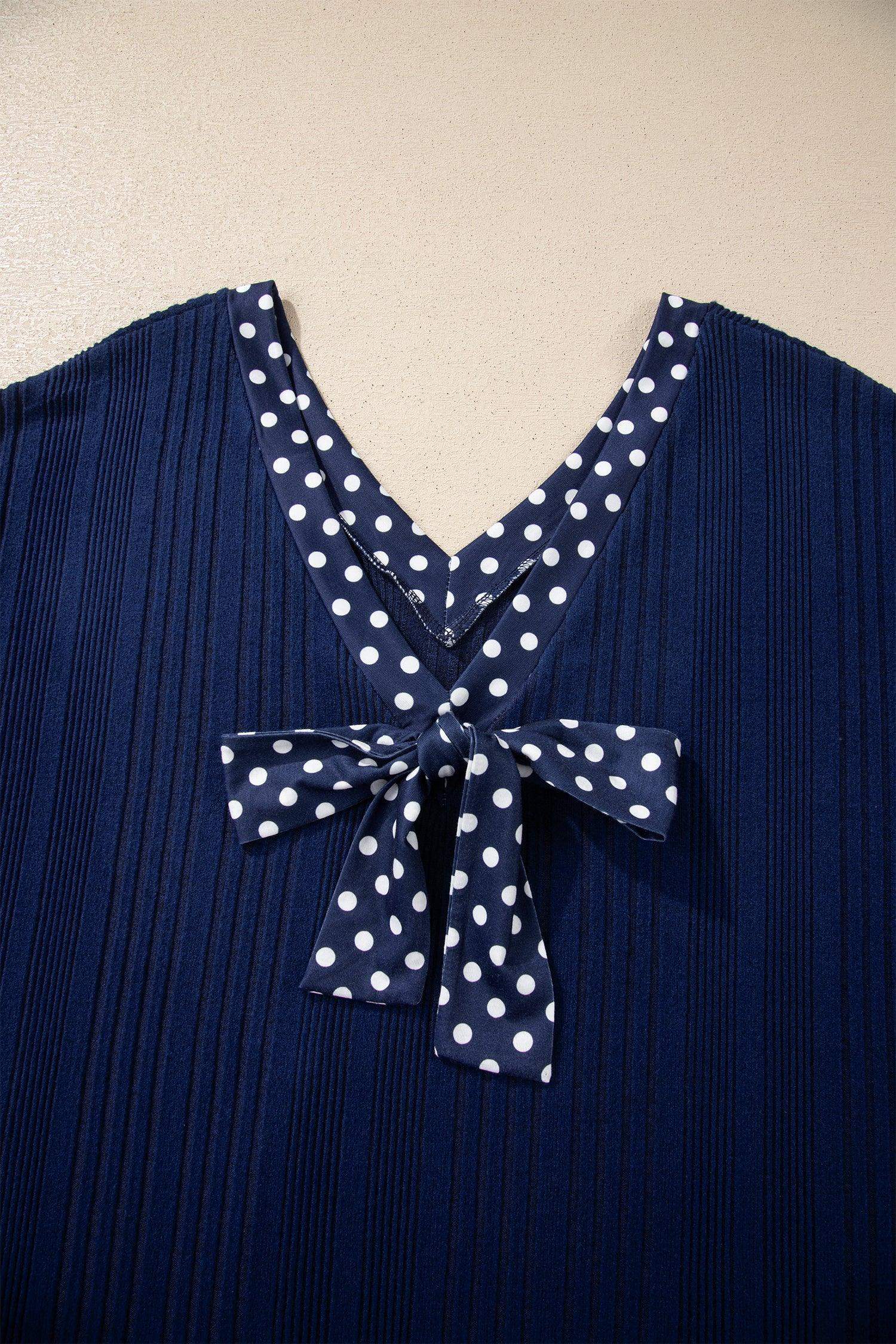 Dirty blue Polka Dot Trimmed V Neck Bow Tie Textured Ribbed Top - Sweet Fashion Wholesale