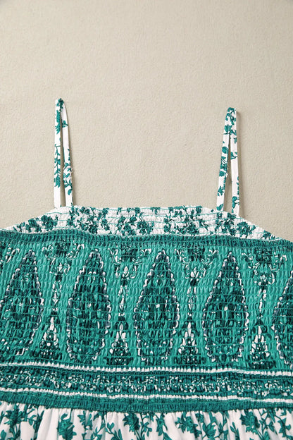 Green Boho Floral Print Shirred Cami Maxi Dress - Sweet Fashion Wholesale