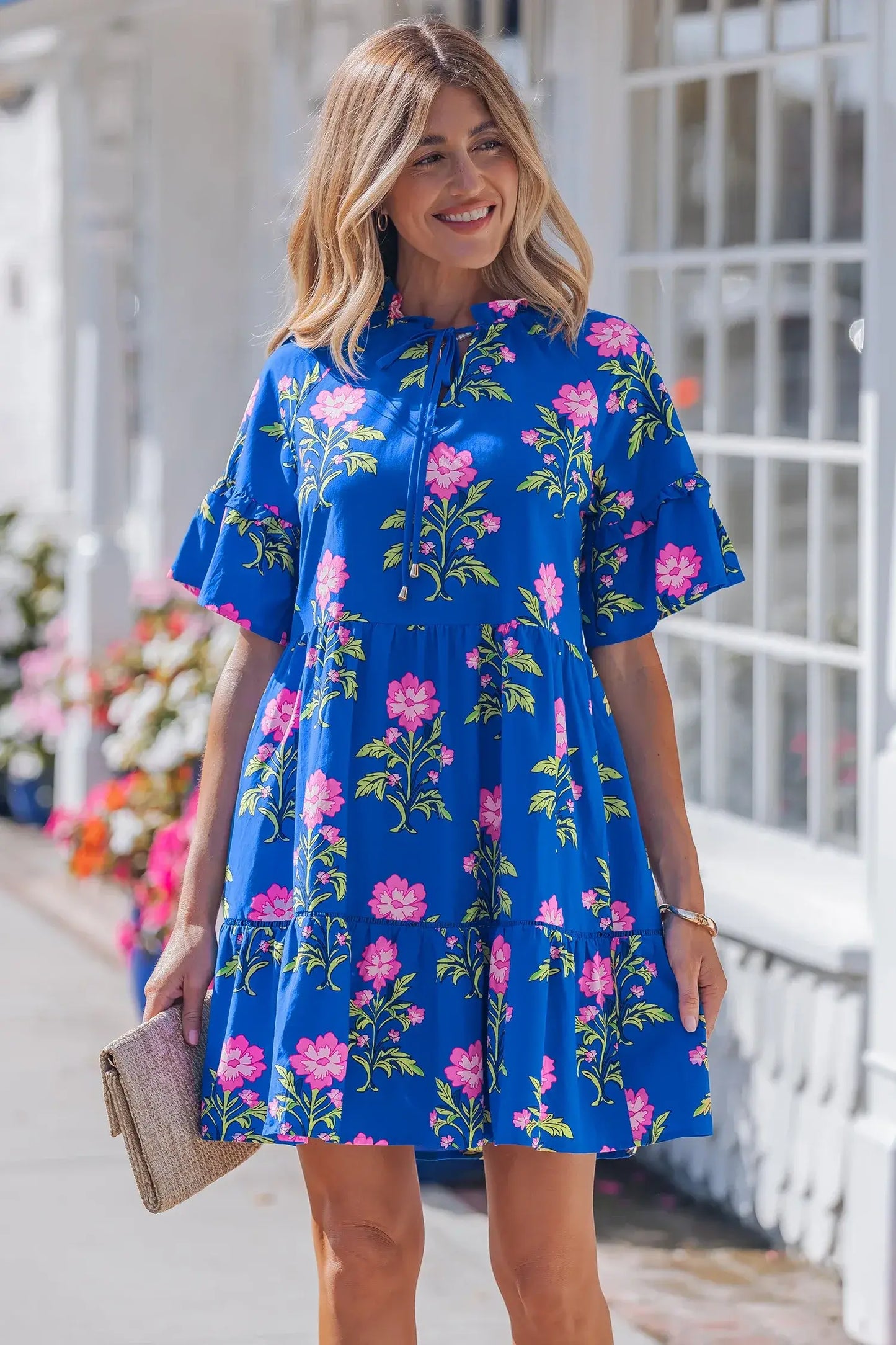 Blue V Neck Short Sleeve Loose Flower Dress - Sweet Fashion Wholesale