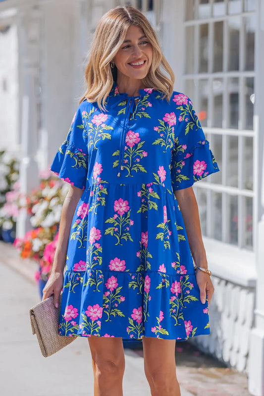 Blue V Neck Short Sleeve Loose Flower Dress - Sweet Fashion Wholesale
