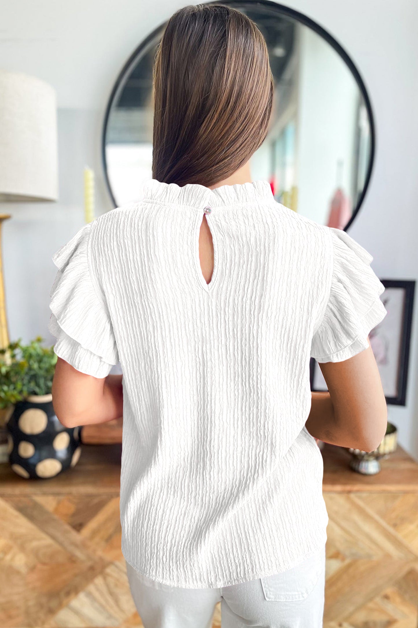 Black Solid Color Textured Ruffle Trim Short Sleeve Blouse
