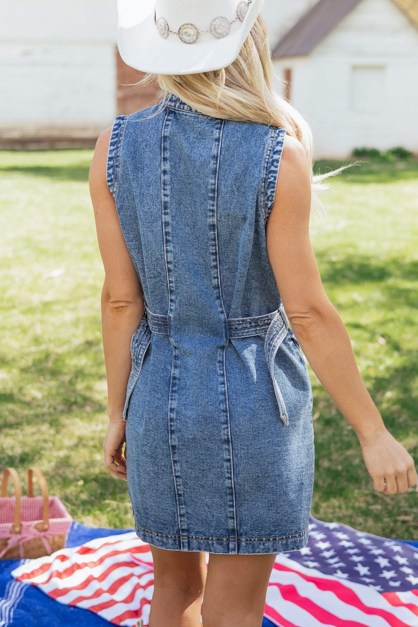 Myosotis Western Belt Button Down Sleeveless Denim Short Dress