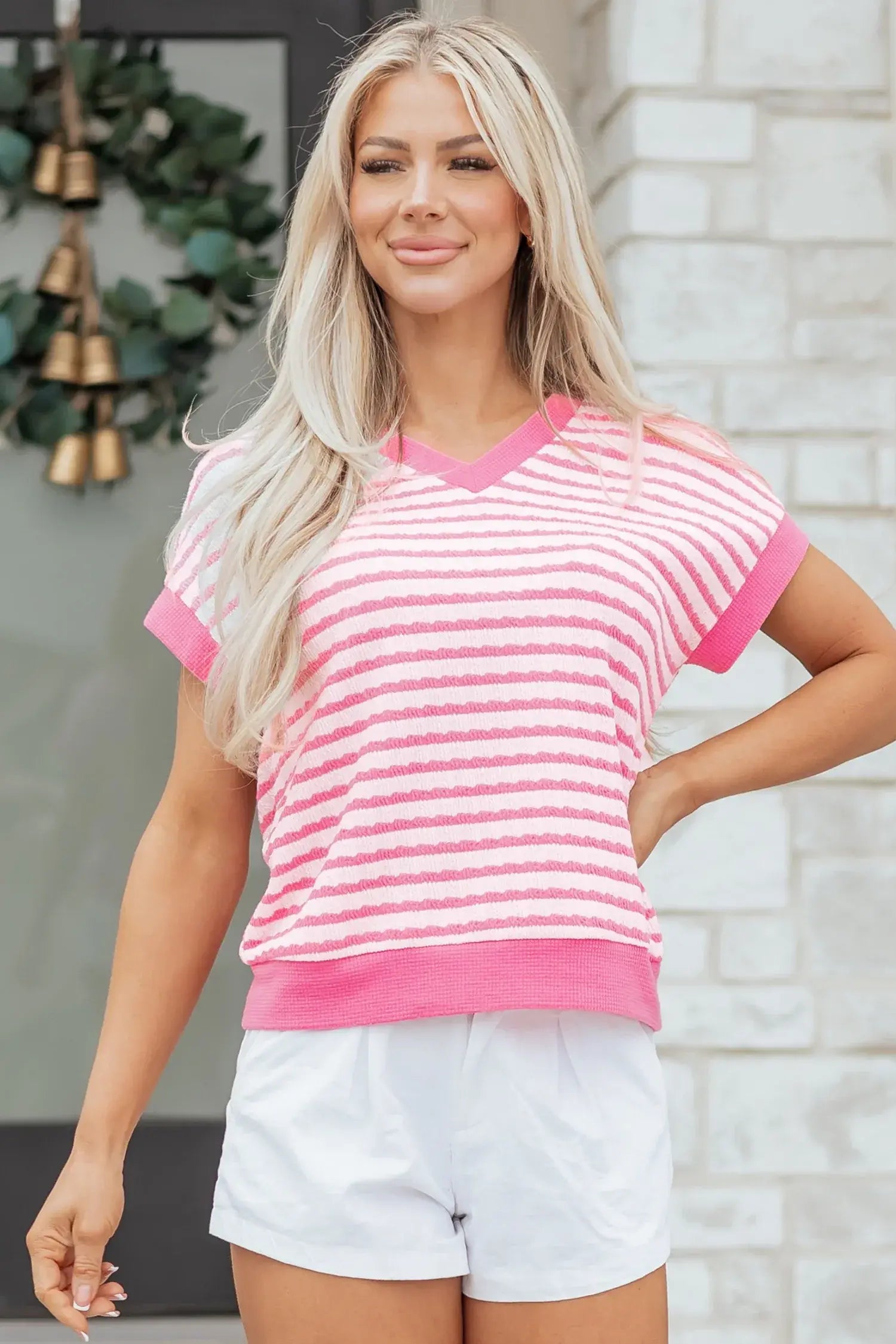 Pink Stripe Textured Knit Contrast Trim V Neck Short Sleeve Top - Sweet Fashion Wholesale