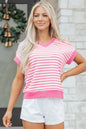Pink Stripe Textured Knit Contrast Trim V Neck Short Sleeve Top - Sweet Fashion Wholesale