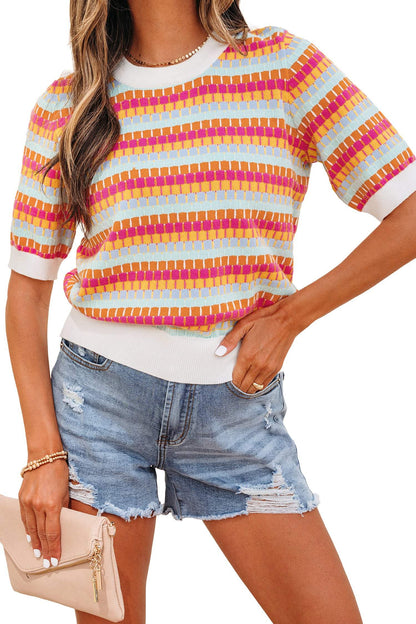 Orange Abstract Striped Knit Short Sleeve Sweater